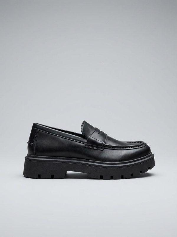 Urban Edge Black Chunky Penny Loafers – Modern Platform Slip-Ons