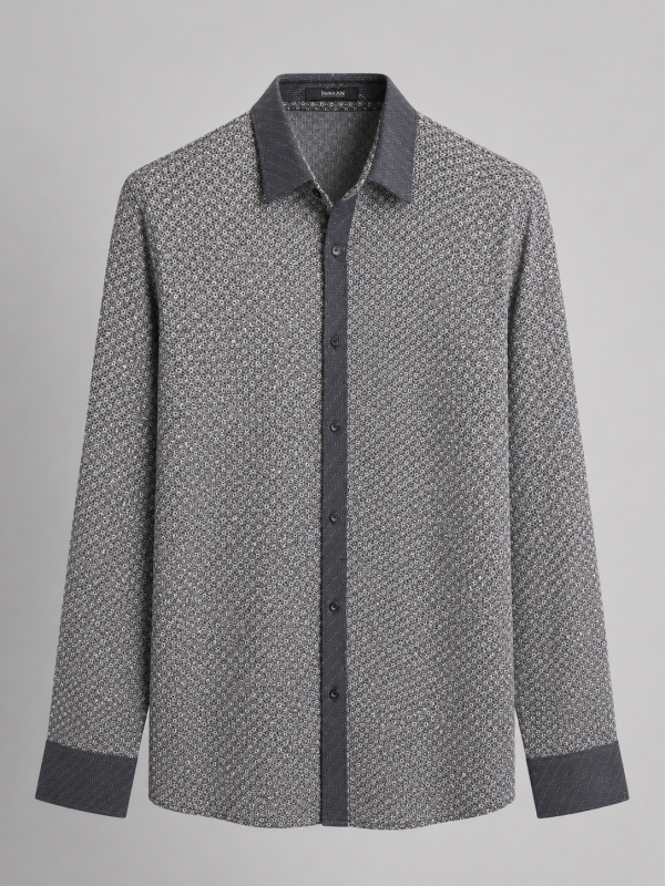Grey Ash Micro Floral Contrast Trim Formal Shirt