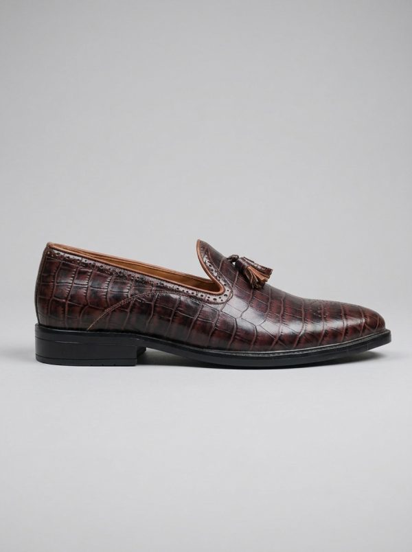 Royal Croc-Texture Tassel Loafers – Deep Brown Formal Slip-Ons