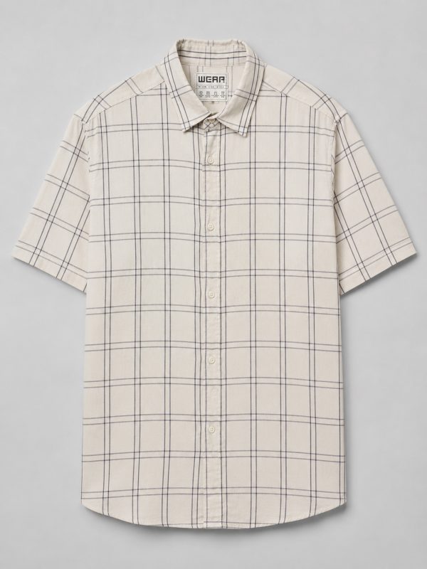 Classic Ivory Windowpane Check Shirt – Relaxed Fit Short Sleeve
